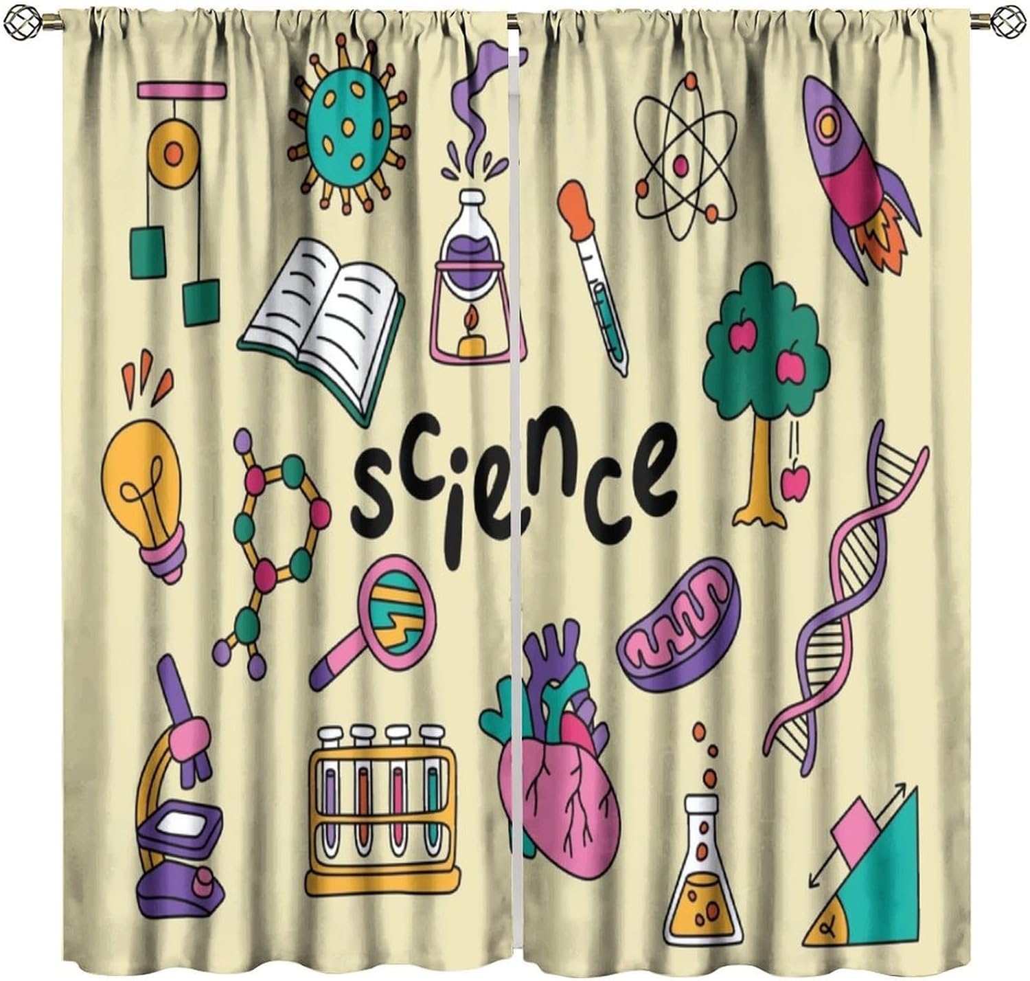 Science Nursery - 科学テーマカーテン 2枚組 教育教室 化学 生物学 DNAイラストパネル