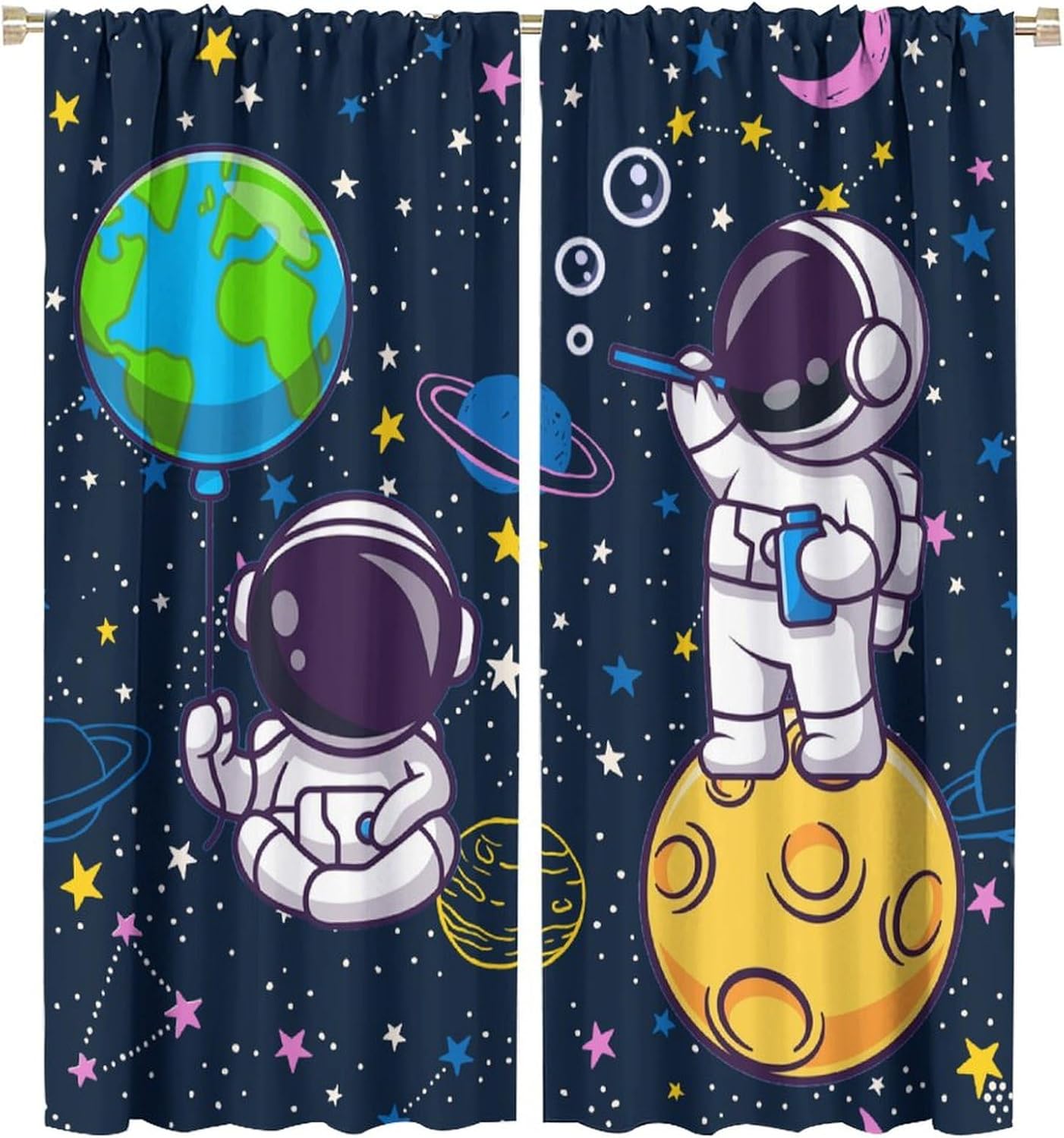 Science Nursery - 宇宙宇宙飛行士銀河カーテン窓装飾保育園子供部屋テーマ惑星地球宇宙科学SFポリエステル生地Pa